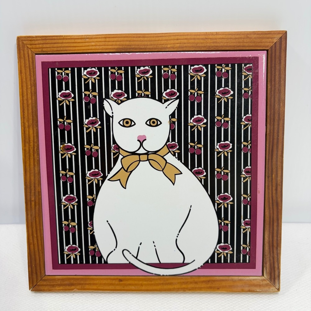 Vintage Made in Japan White Cat Ceramic Tile Framed Wall Art MCM Retro 9x9
